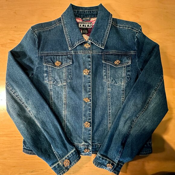 BEREK 2 by Takako Sakon Denim Jean Jacket—Crystal Buttons & Floral Lining Large - Picture 16 of 16